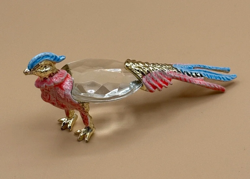 🐦 Vintage Portugal Crystal Bird Figurine Pink Blue Gold Tone Pheasant